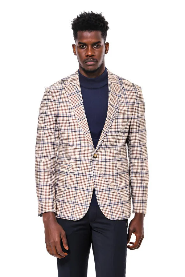 WSS Plaid Slim-Fit Brown Blue Men Blazer  - Singen