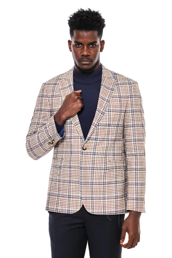 WSS Plaid Slim-Fit Brown Blue Men Blazer  - Singen