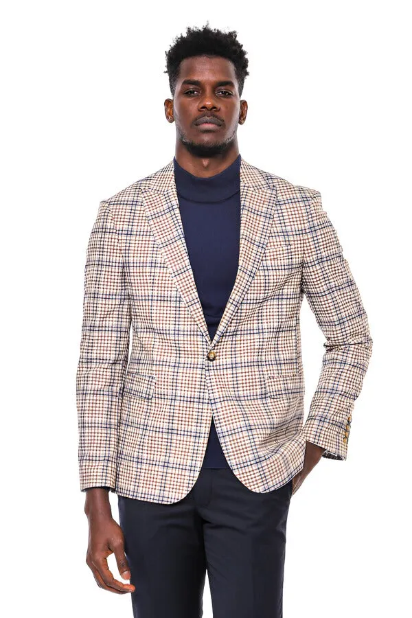 WSS Plaid Slim-Fit Brown Blue Men Blazer  - Singen