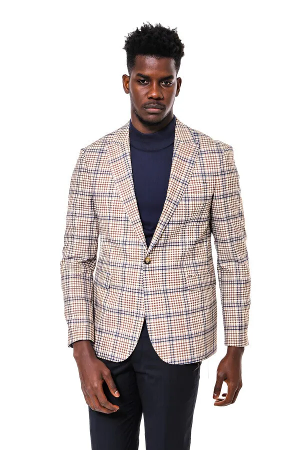 WSS Plaid Slim-Fit Brown Blue Men Blazer  - Singen