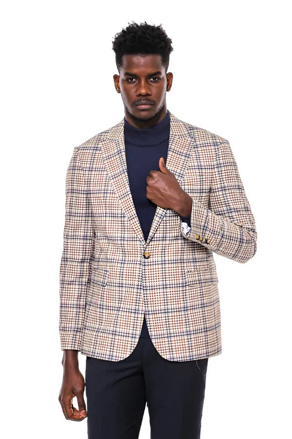 WSS Plaid Slim-Fit Brown Blue Men Blazer  - Singen