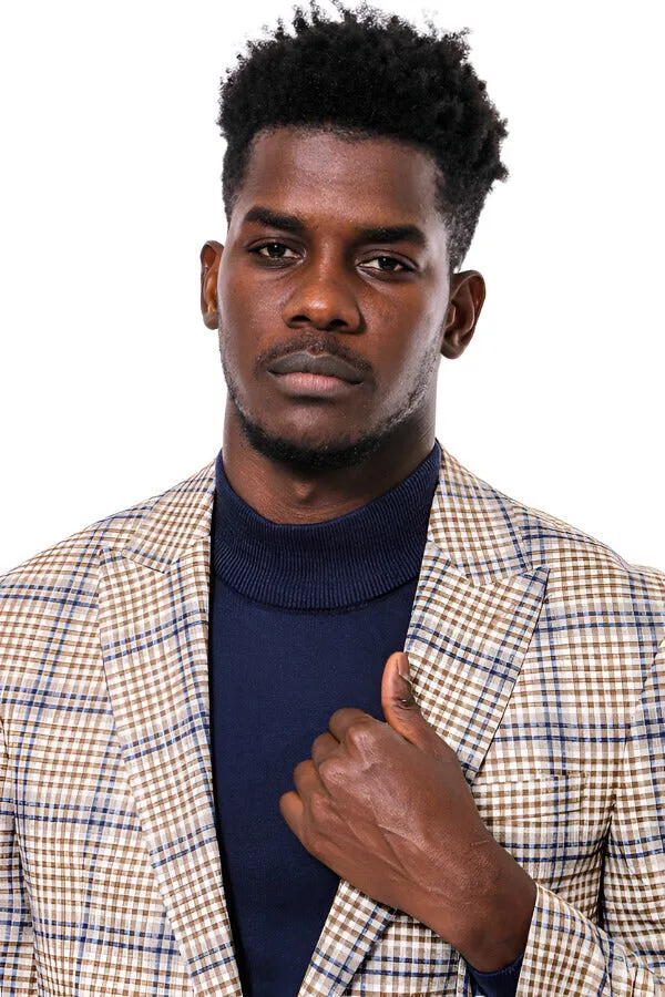 WSS Plaid Slim-Fit Brown Blue Men Blazer  - Singen