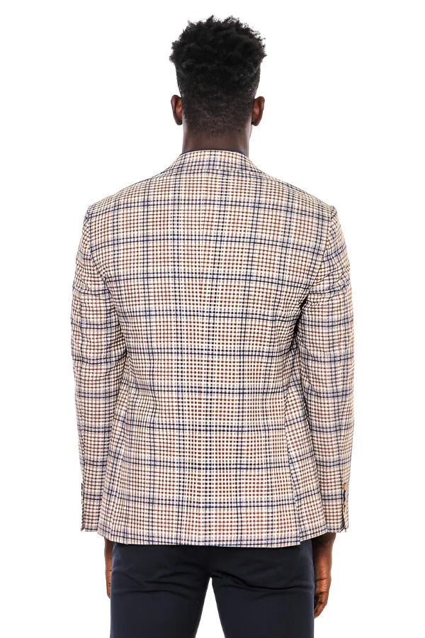 WSS Plaid Slim-Fit Brown Blue Men Blazer  - Singen