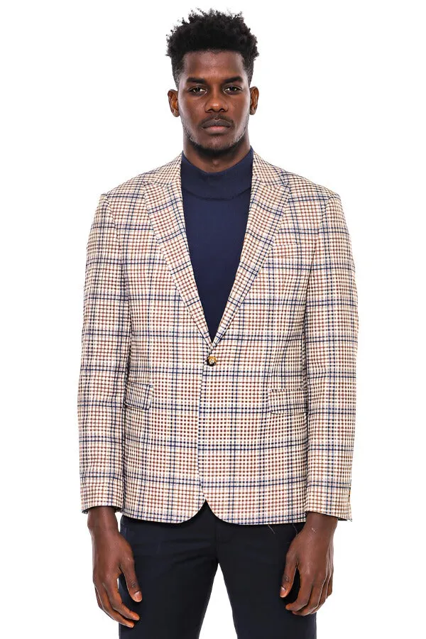 WSS Plaid Slim-Fit Brown Blue Men Blazer  - Singen
