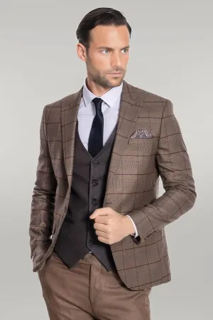 WSS Slim Fit Checked Brown Men Suit  - Singen