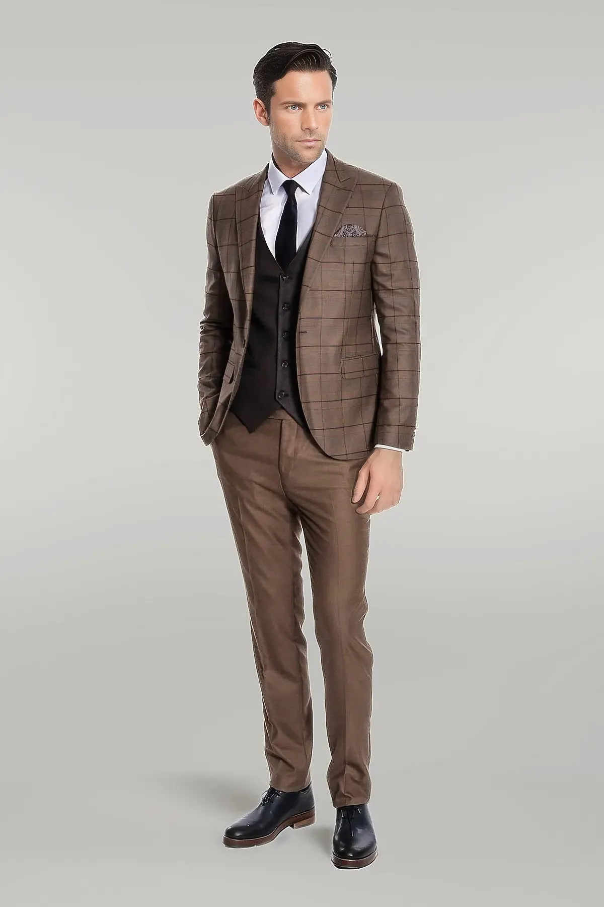 WSS Slim Fit Checked Brown Men Suit  - Singen