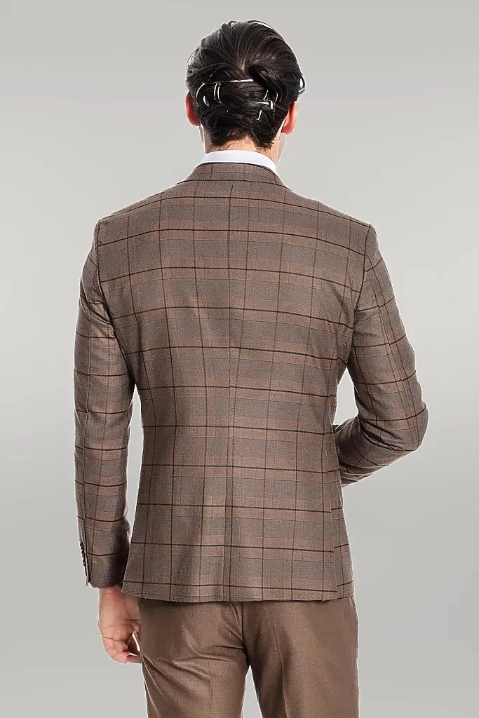WSS Slim Fit Checked Brown Men Suit  - Singen