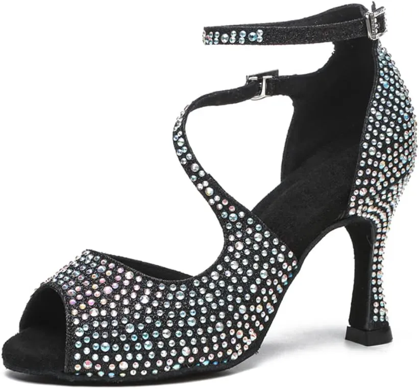 YKXLM Women Rhinestone Ballroom Dance Shoes Latin Salsa Performance Dance Shoes