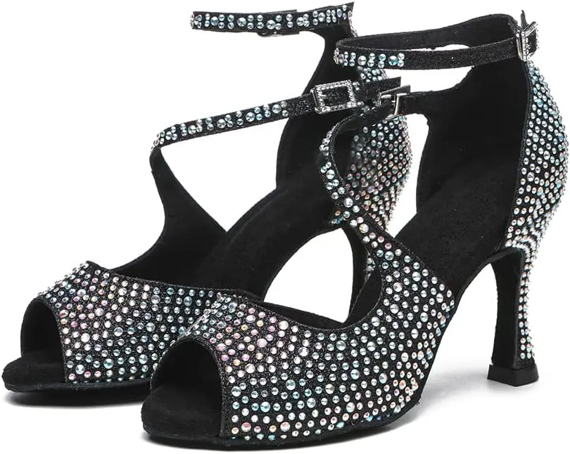 YKXLM Women Rhinestone Ballroom Dance Shoes Latin Salsa Performance Dance Shoes